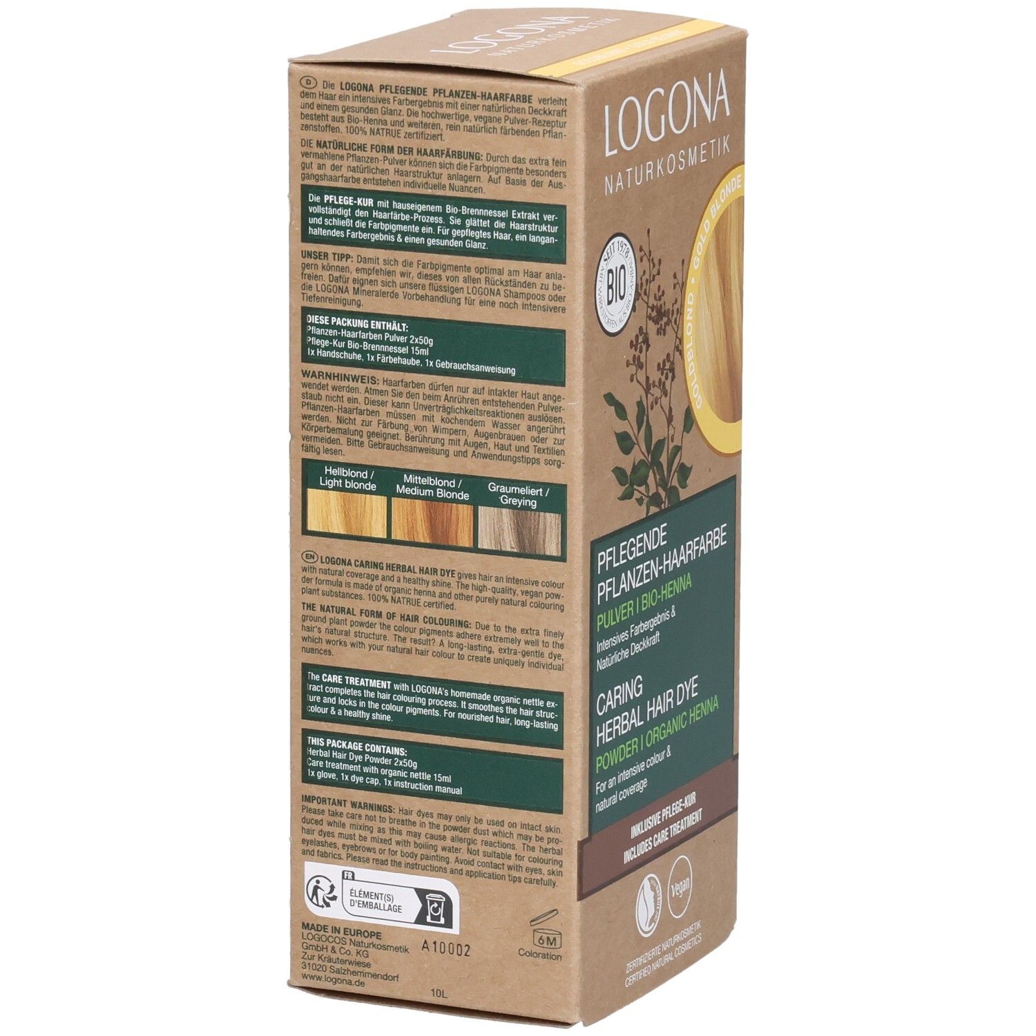Rückseite der Logona Pflanzenhaarfarbe Pulver Goldblond Bio Verpackung. Text in mehreren Sprachen. Bio-Siegel.
