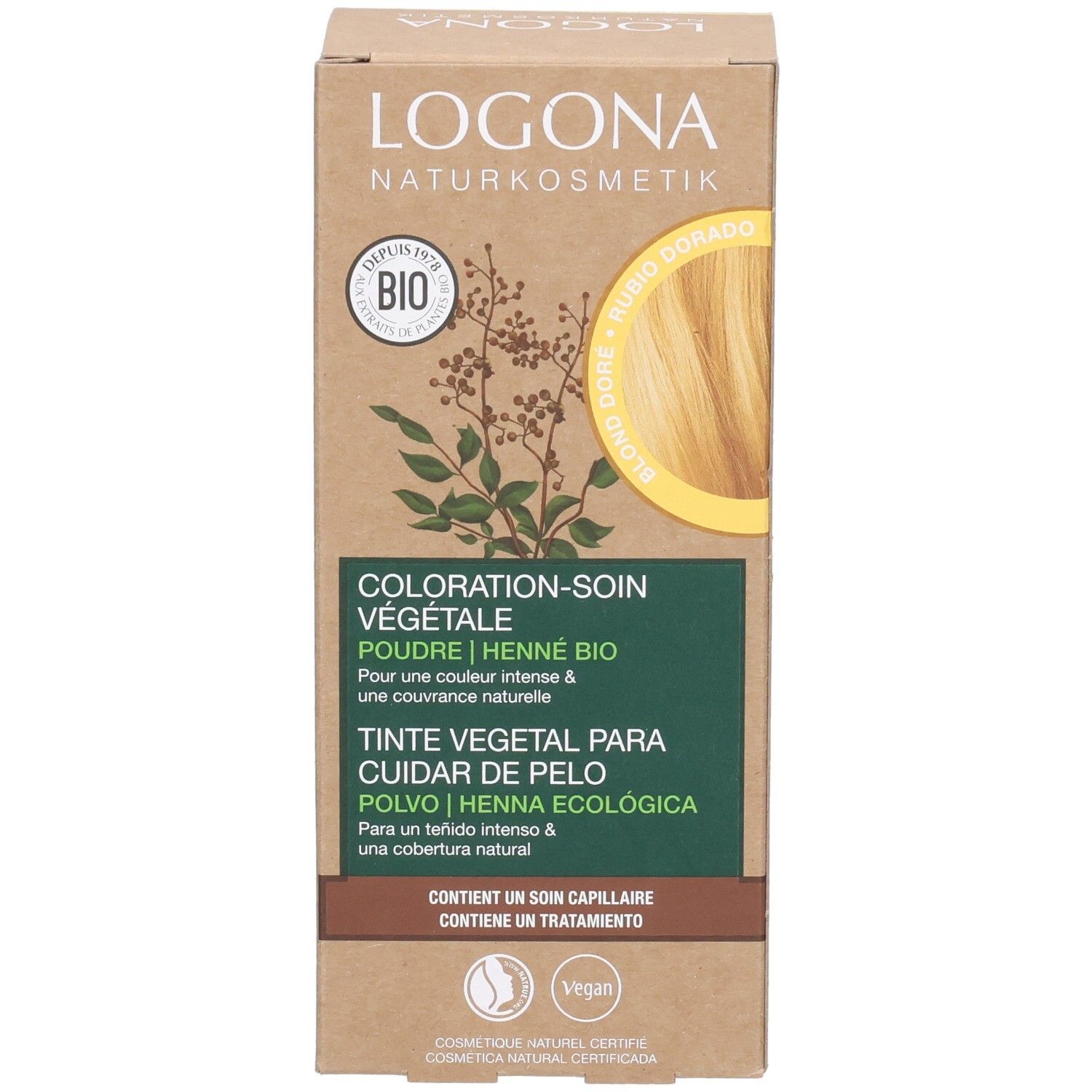 Logona Pflanzenhaarfarbe Pulver Goldblond Bio. Karton mit Produktabbildung und Text. Bio-Siegel und Vegan-Logo.