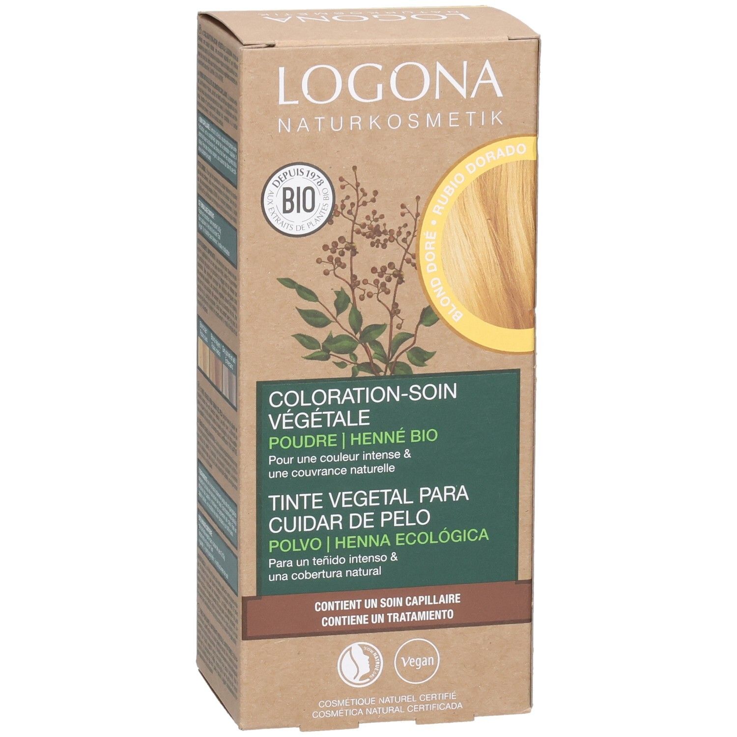 Logona Pflanzenhaarfarbe Pulver Goldblond Bio. Karton mit Produktabbildung und Text. Bio-Siegel und Vegan-Logo.