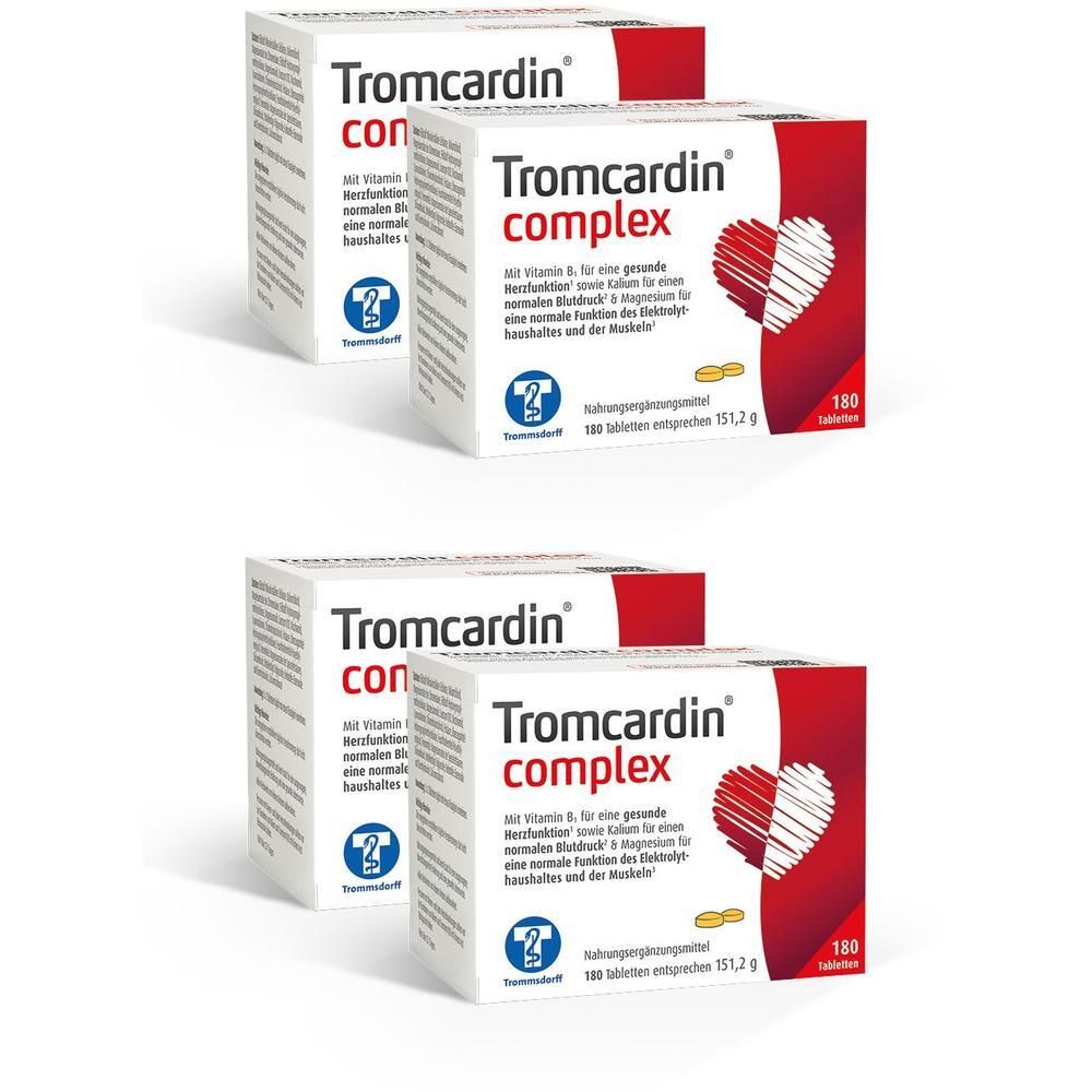 Mehrere Packungen Tromcardin® complex. Weiße Schachteln mit rotem Herz-Design. 180 Tabletten.