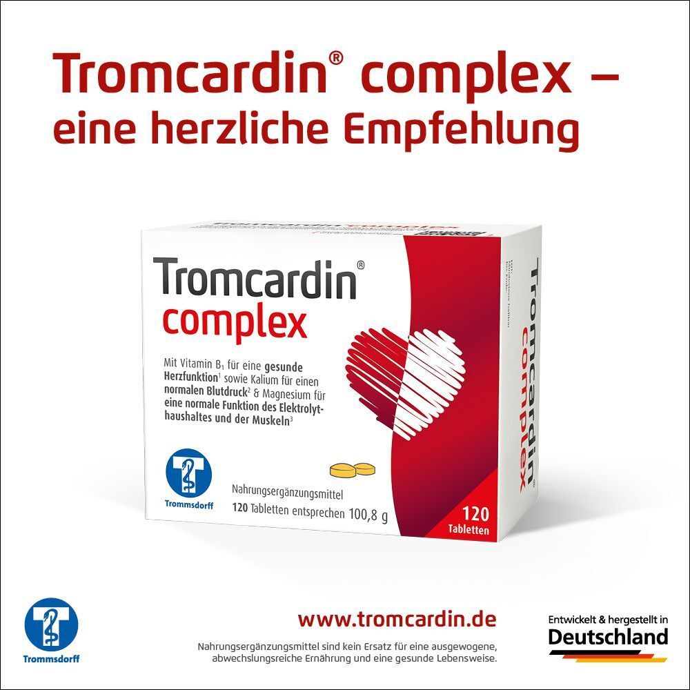 Tromcardin® complex Packung. Weiße Schachtel mit rotem Herz. 120 Tabletten. Text.