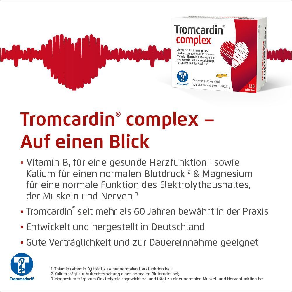 Tromcardin® complex: Vitamin B1, Kalium, Magnesium für Herz, Muskeln, Nerven.