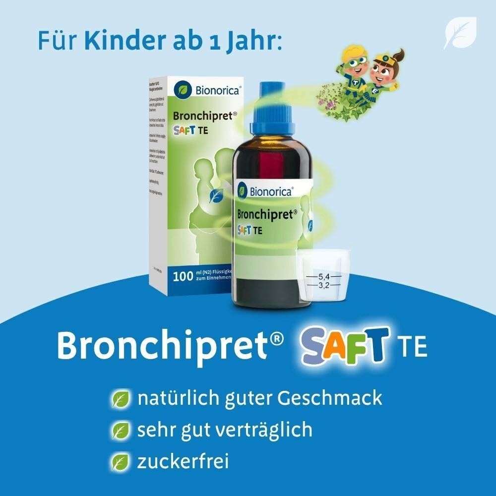 Bronchipret® Saft TE Flasche und Verpackung. Messbecher. Text: Für Kinder ab 1 Jahr. Natürlich guter Geschmack, sehr gut verträglich, zuckerfrei.