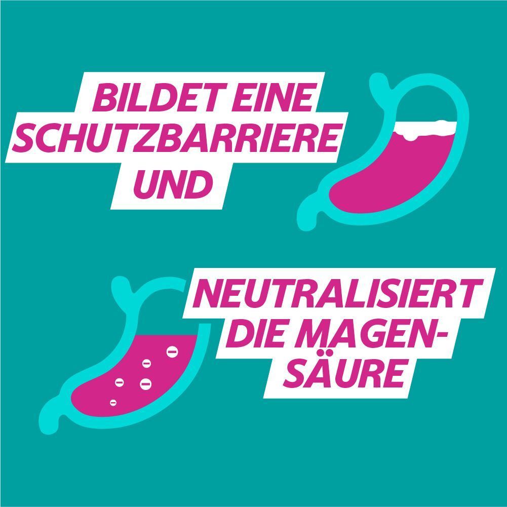 Grafik: Magen mit Flüssigkeit. Text: Bildet eine Schutzbarriere und neutralisiert die Magensäure. Hintergrund: Türkis.
