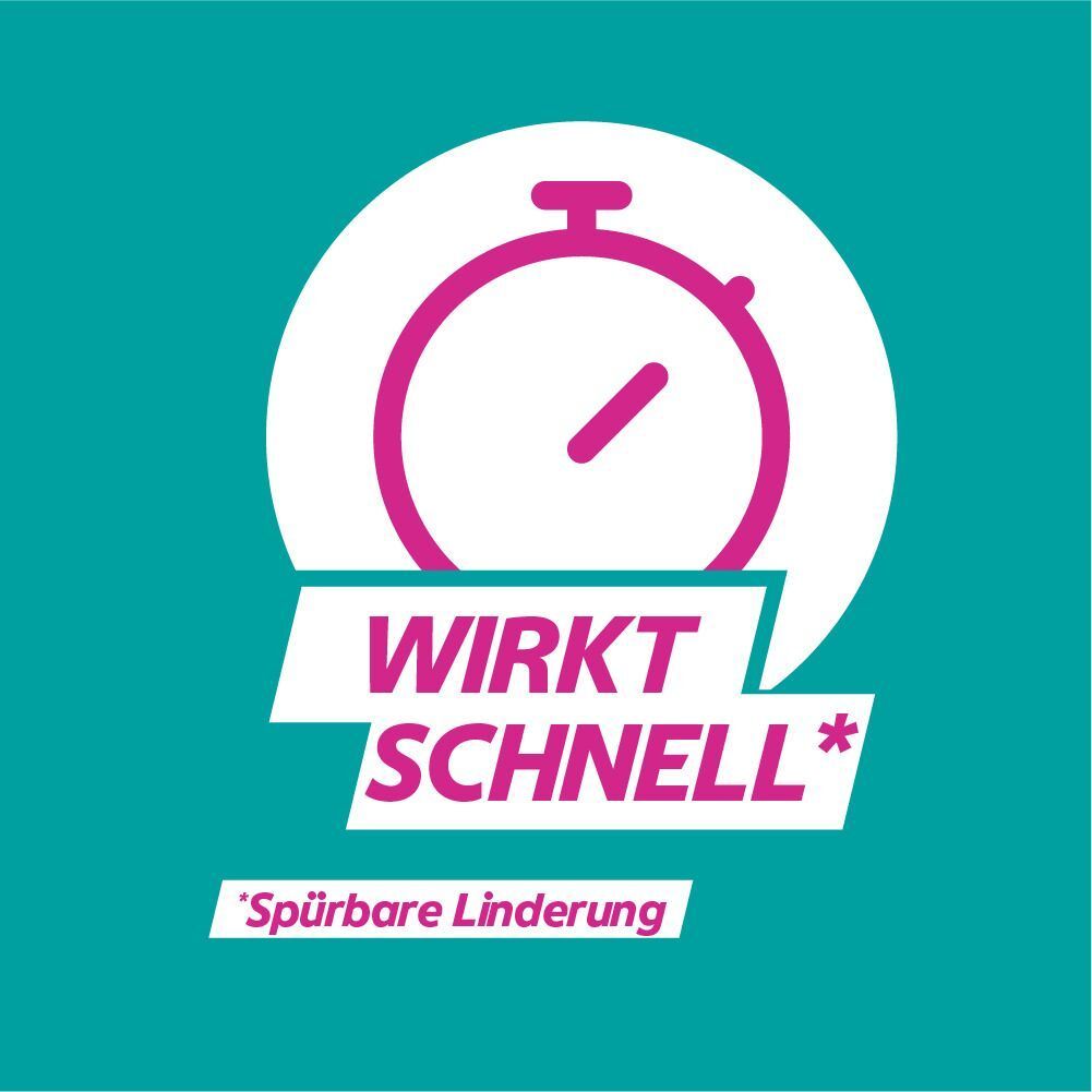 Grafik: Stoppuhr. Text: Wirkt schnell*. *Spürbare Linderung. Hintergrund: Türkis.