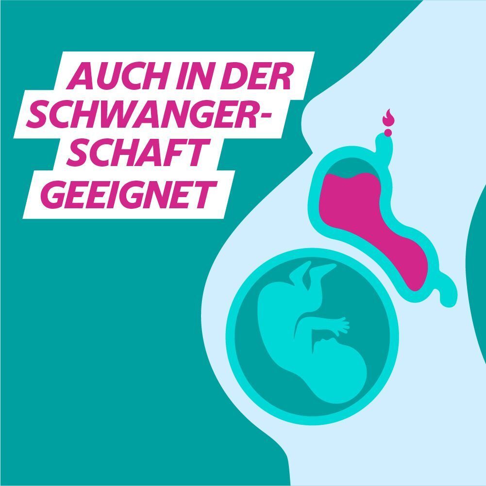 Grafik: Schwangere Frau mit Baby. Text: Auch in der Schwangerschaft geeignet. Hintergrund: Türkis.
