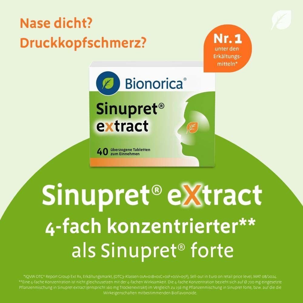 Packung Sinupret® extract. Logo Bionorica. Text: 40 überzogene Tabletten. Daneben Packung Sinupret® extract. Text: 4-fach konzentrierter.