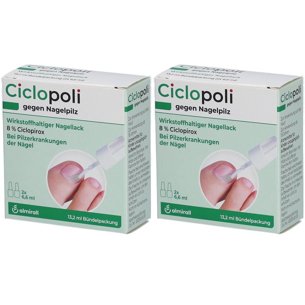 Zwei Schachteln Ciclopoli gegen Nagelpilz. Jede Schachtel enthält eine Flasche Nagellack und Applikator. Text: Ciclopoli, 8% Ciclopirox.