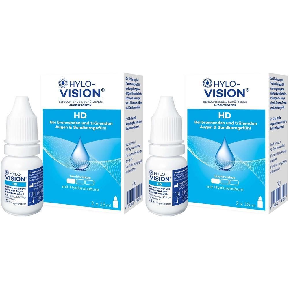 Zwei Flaschen HYLO-VISION® HD Augentropfen und zwei Verpackungen. Weiße Flaschen mit weiß-blauer Verpackung. Aufschrift: HD, Augen & Sandkorngefühl.