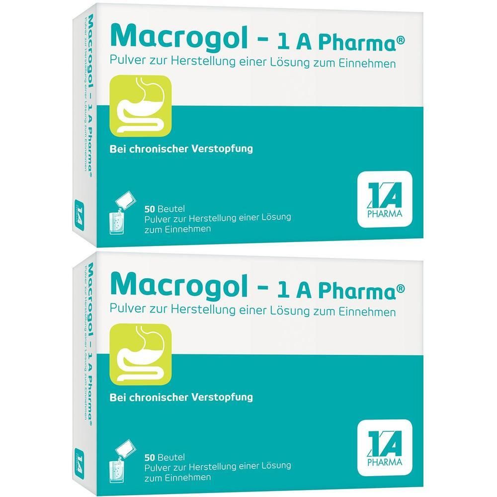 Zwei Packungen Macrogol - 1 A Pharma®. Weiße Schachteln mit grüner und türkisfarbener Schrift. Logo: 1 A Pharma. Text: Pulver zur Herstellung einer Lösung.