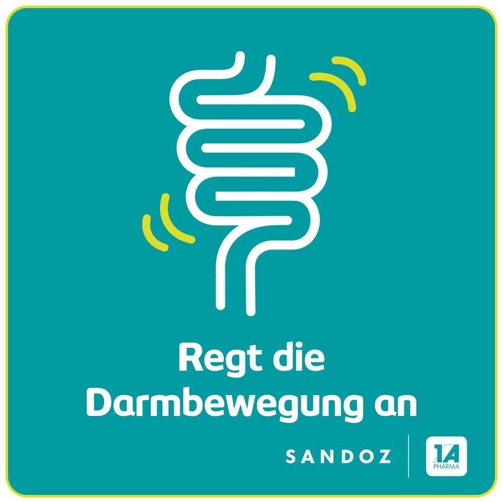 Türkisfarbener Hintergrund mit weißer Darm-Illustration und gelben Wellen. Text: Regt die Darmbewegung an. Logo: Sandoz, 1 A Pharma.