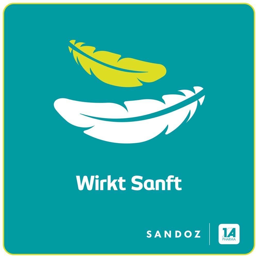 Türkisfarbener Hintergrund mit zwei Federn, eine gelb, eine weiß. Text: Wirkt Sanft. Logos: Sandoz, 1 A Pharma.