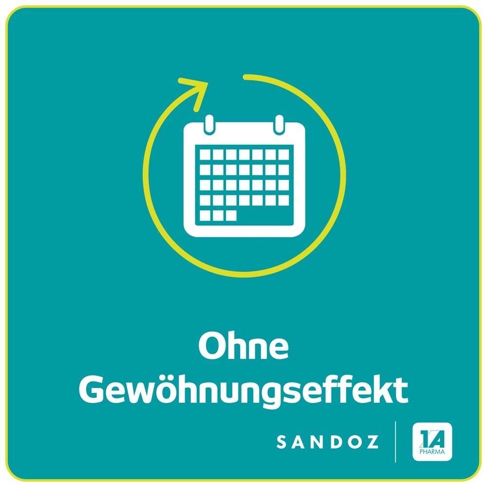 Türkisfarbener Hintergrund mit Kalender-Illustration. Text: Ohne Gewöhnungseffekt. Logos: Sandoz, 1 A Pharma.