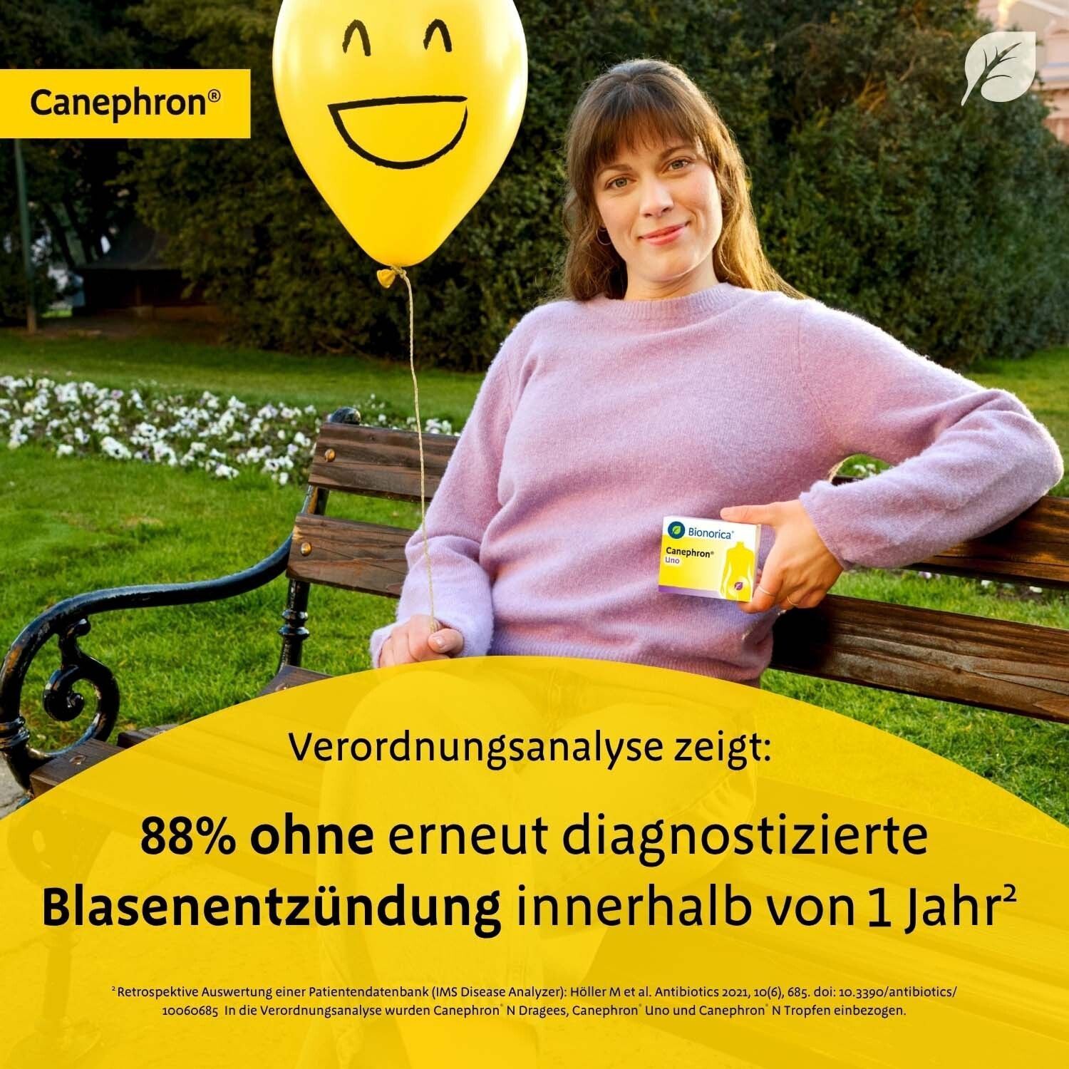 Frau sitzt auf einer Bank und hält eine Packung Canephron Uno. Text: Verordnungsanalyse zeigt: 88% ohne erneut diagnostizierte Blasenentzündung innerhalb von 1 Jahr.