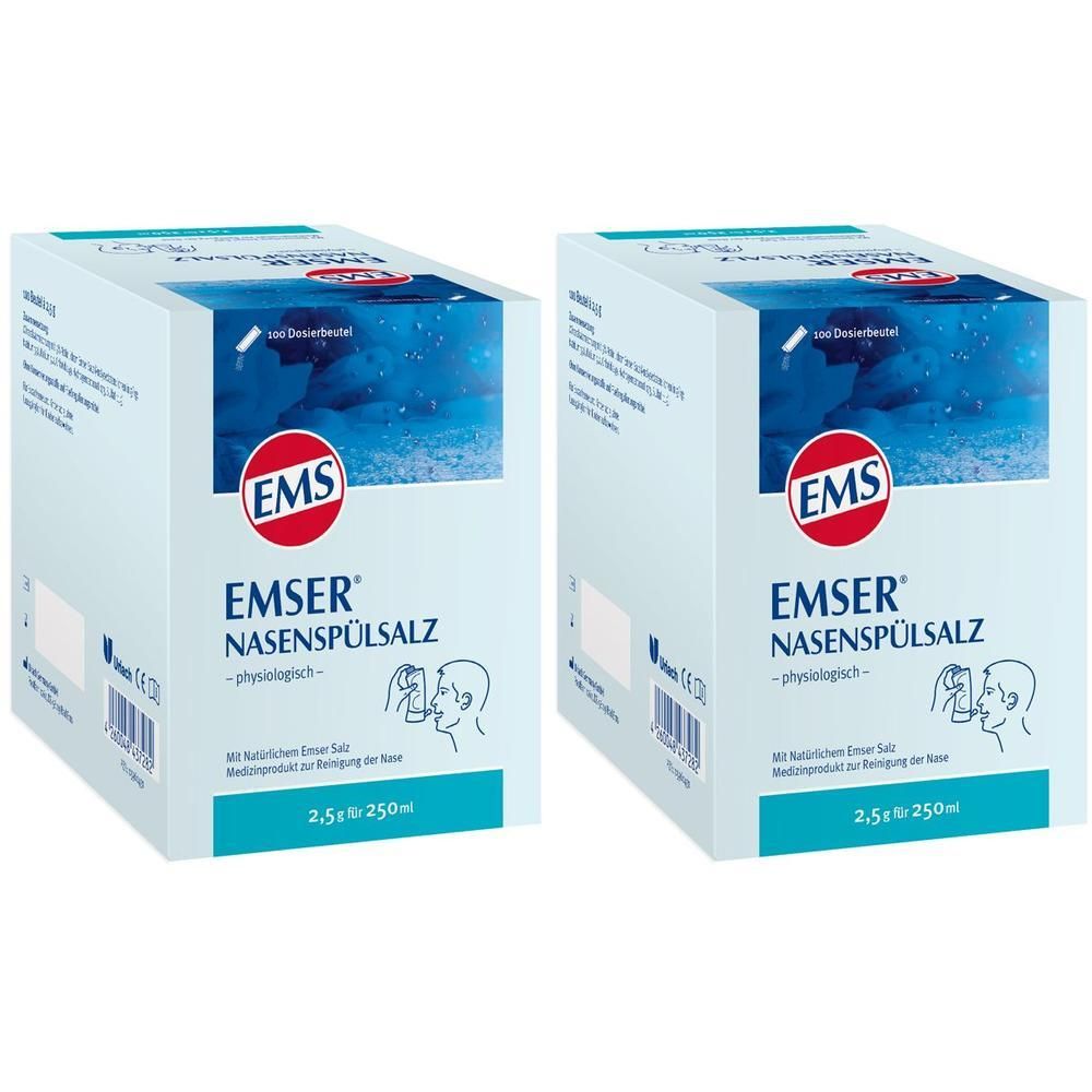 Zwei Kartons Emser Nasenspülsalz. Weiß-blaue Verpackung mit Logo und Produktbezeichnung. 2,5 g x 250 ml.