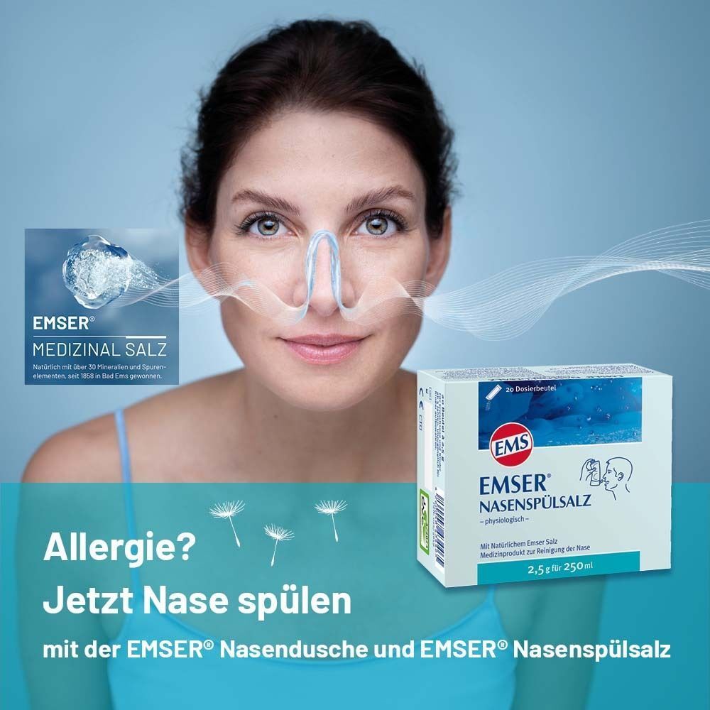 Frau mit Nasenspülsystem. Box Emser Nasenspülsalz. Text: Allergie? Jetzt Nase spülen mit Emser Nasendusche und Nasenspülsalz.
