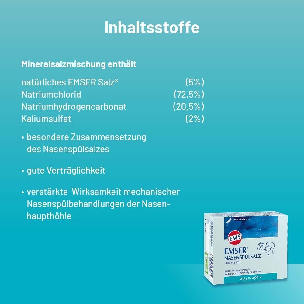 Inhaltsstoffe: Mineralische Zusammensetzung mit Emser Salz, Natriumchlorid, Natriumhydrogencarbonat, Kaliumsulfat. Box Emser Nasenspülsalz.