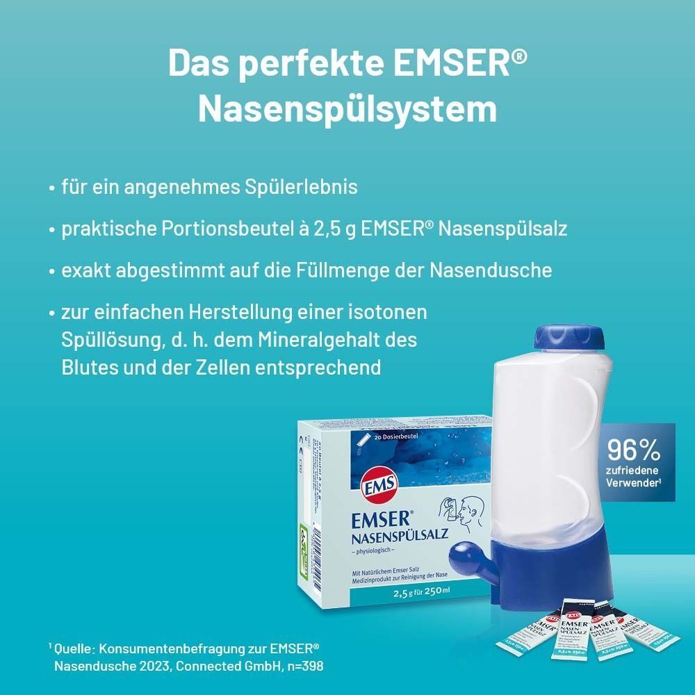 Das perfekte Emser Nasenspülsystem. Nasendusche, Portionenbeutel, Box Emser Nasenspülsalz. 96% zufriedene Verwender.