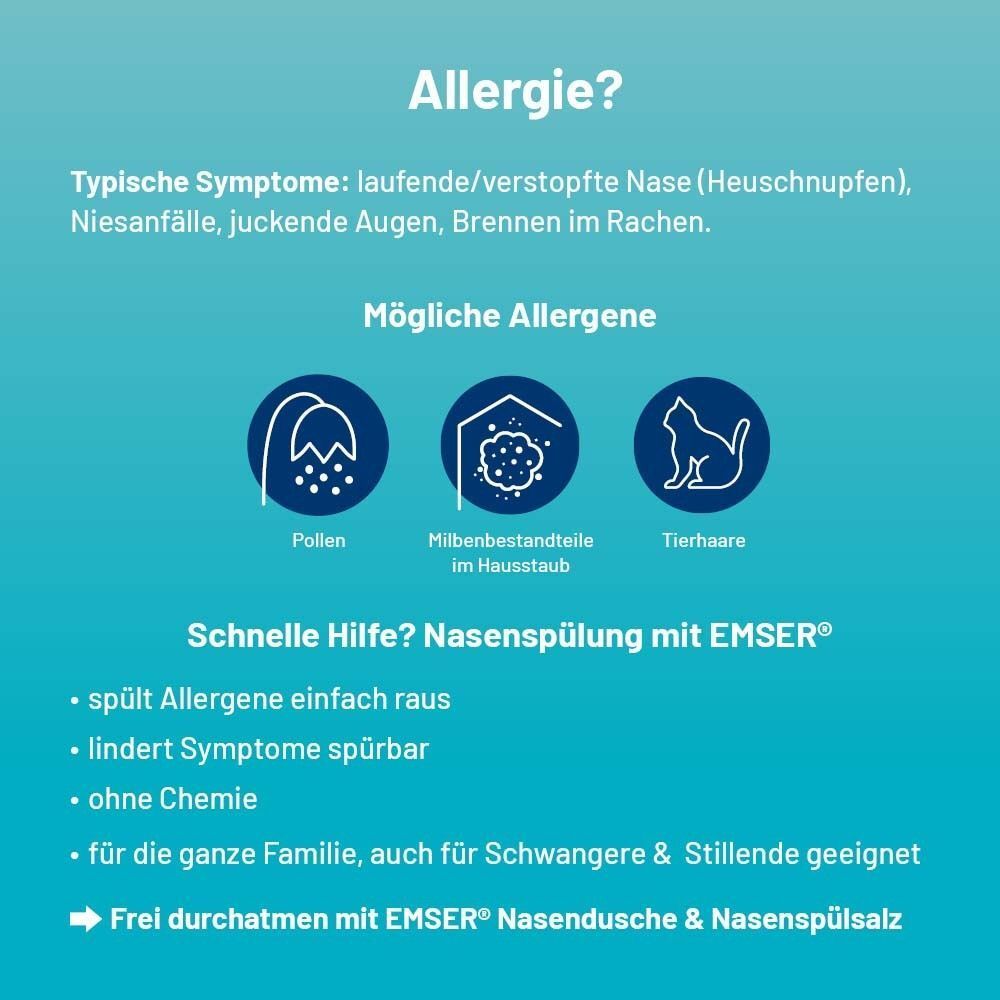 Blauer Hintergrund. Text: Allergie? Symptome, Allergene. Vorteile: Spült Allergene, lindert Symptome, ohne Chemie. Box Emser Nasenspülsalz.