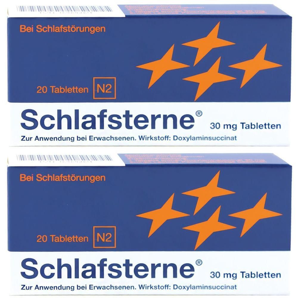 Zwei blaue Schachteln mit Schlafsterne®-Logo und orangefarbenen Sternen. Text: 20 Tabletten N2, 30 mg Tabletten, Doxylaminsuccinat.