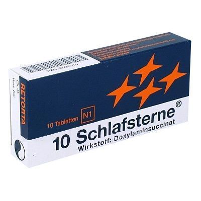 Blaue Schachtel mit Schlafsterne®-Logo und orangefarbenen Sternen. Text: 10 Tabletten N1, 10 mg Tabletten, Doxylaminsuccinat.