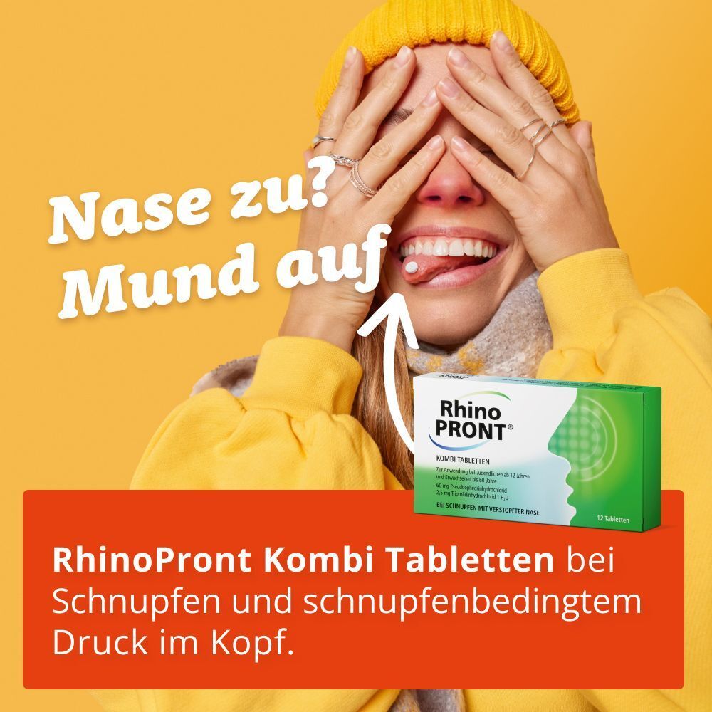 Person mit Tablette im Mund. RhinoPRONT KOMBI TABLETTEN-Packung. Text: Nase zu? Mund auf! Bei Schnupfen und Druck im Kopf.