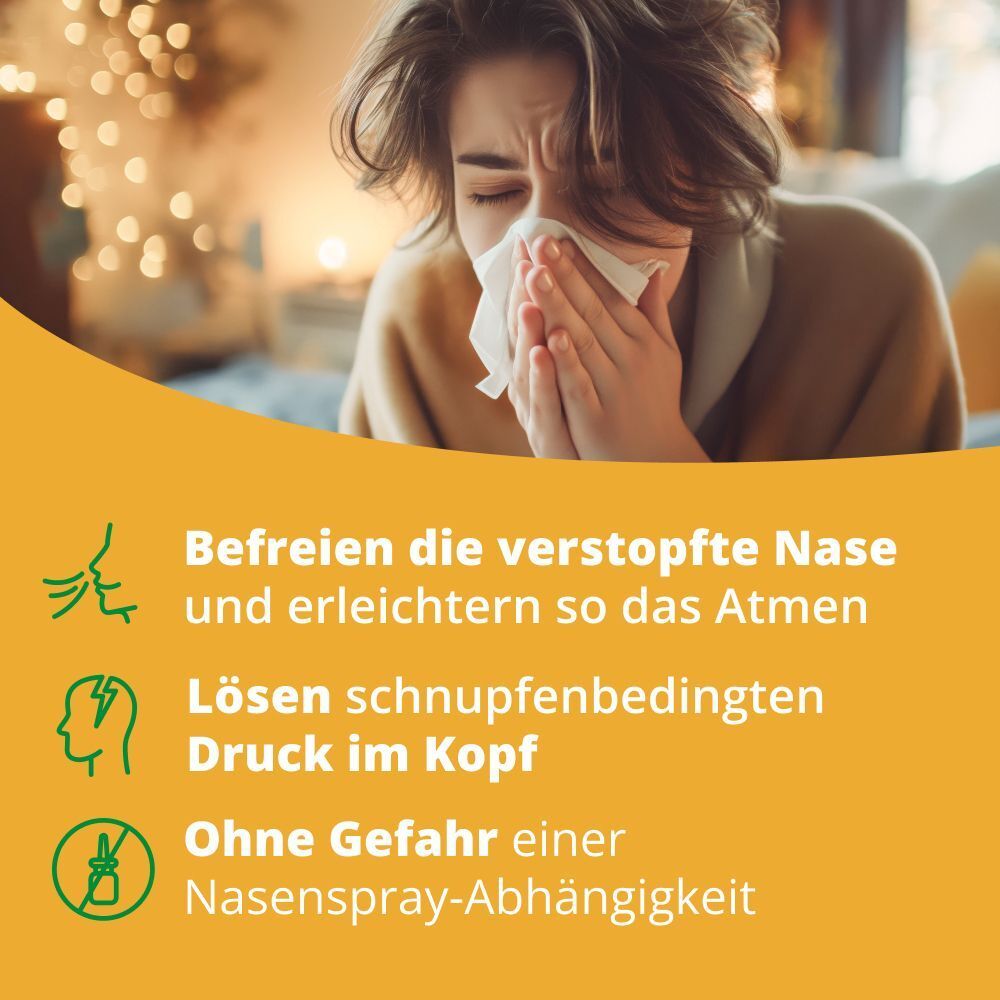 Person putzt sich die Nase. Text: Befreien die verstopfte Nase. Lösen schnupfenbedingten Druck im Kopf. Ohne Nasenspray-Abhängigkeit.