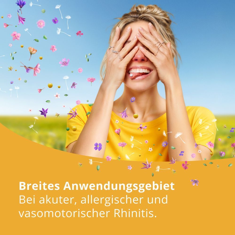 Person hält sich die Augen zu. Text: Breites Anwendungsgebiet. Bei akuter, allergischer und vasomotorischer Rhinitis.