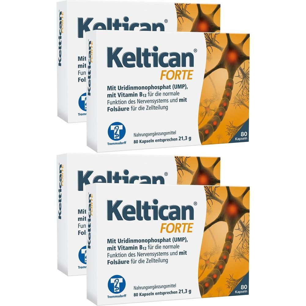 Mehrere Packungen Keltican® forte. Weiße Schachteln mit blauer und grüner Schrift. Enthält UMP, Vitamin B12 und Folsäure. 80 Kapseln.