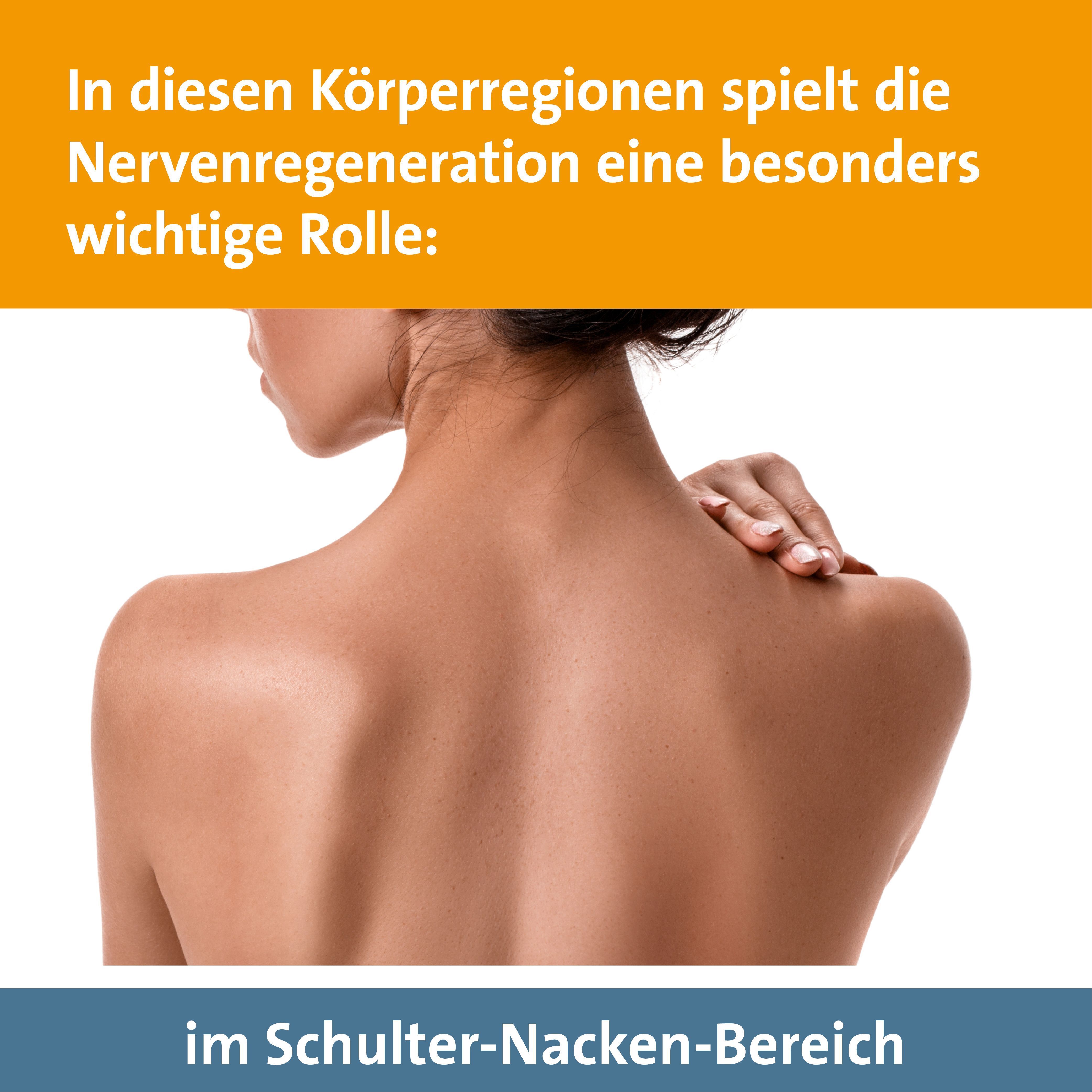 Rücken einer Frau. Text: In diesen Körperregionen spielt die Nervenregeneration eine besonders wichtige Rolle: im Schulter-Nacken-Bereich.