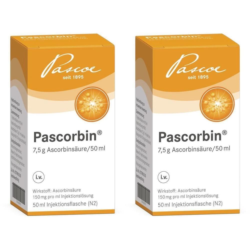 Zwei Kartons Pascorbin®. Aufschrift: 7,5 g Ascorbinsäure/50 ml. Logo: Pascoe, seit 1895. I.v. Injektionslösung.