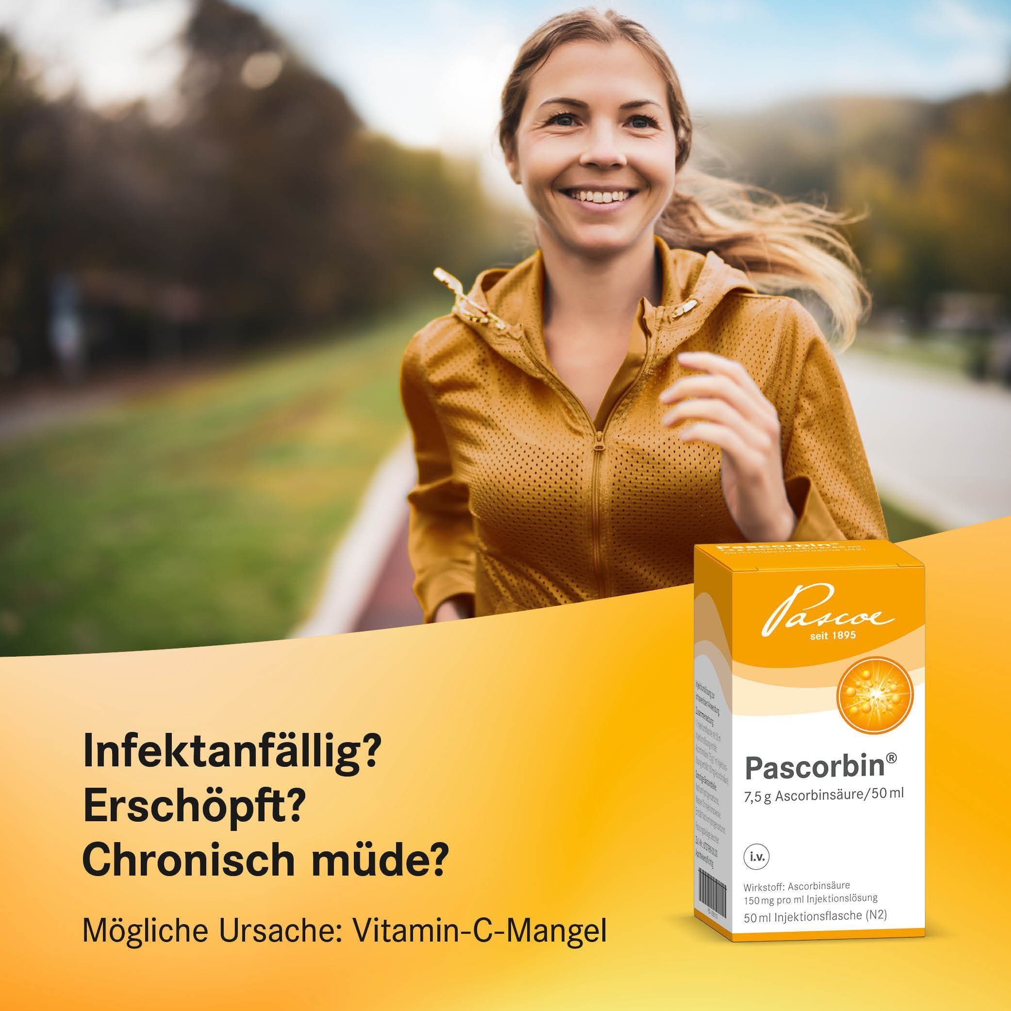 Frau läuft. Text: Infektanfällig? Erschöpft? Chronisch müde? Mögliche Ursache: Vitamin-C-Mangel. Pascorbin®-Packung.