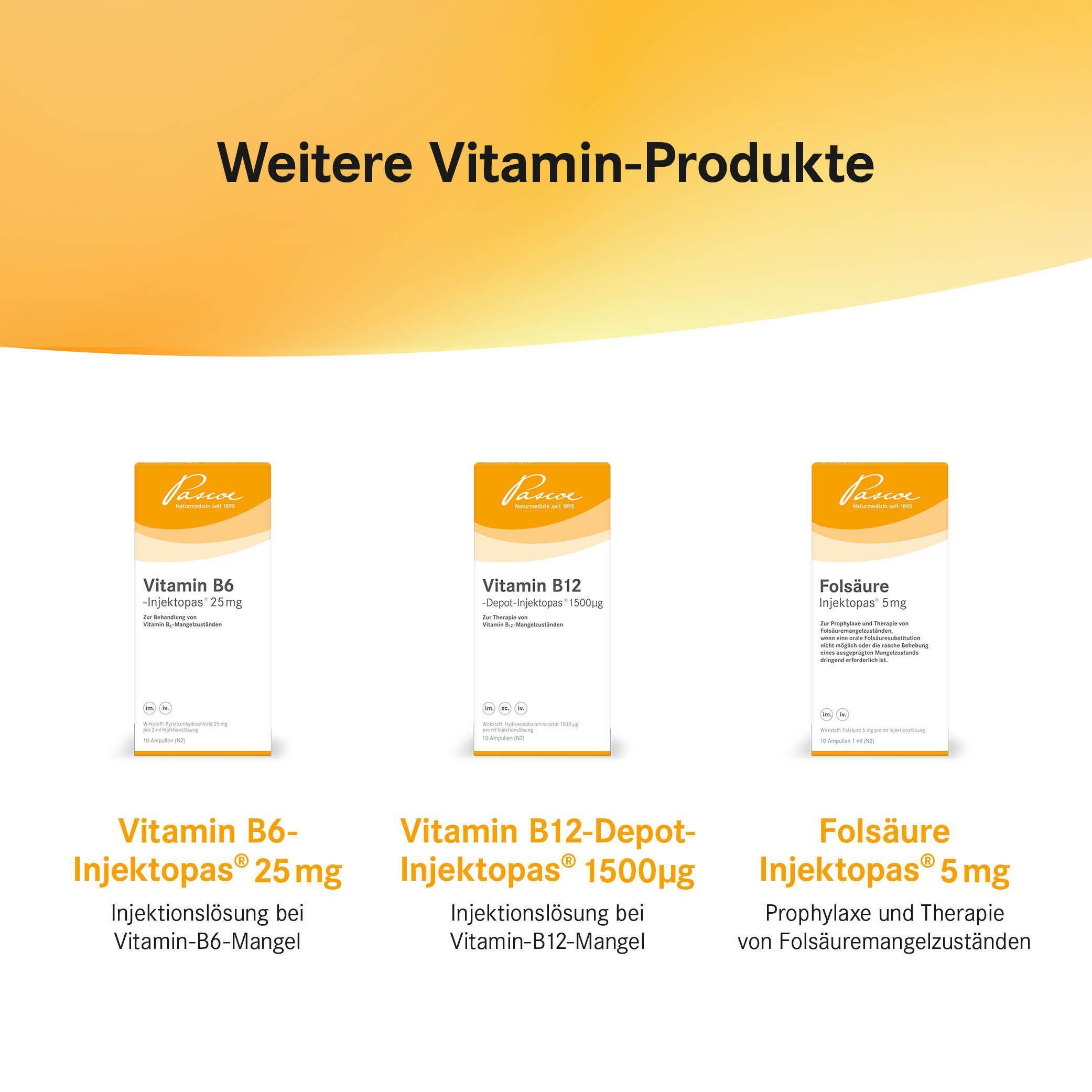 Drei Packungen: Vitamin B6, Vitamin B12, Folsäure. Text: Weitere Vitamin-Produkte. Injektionslösungen.