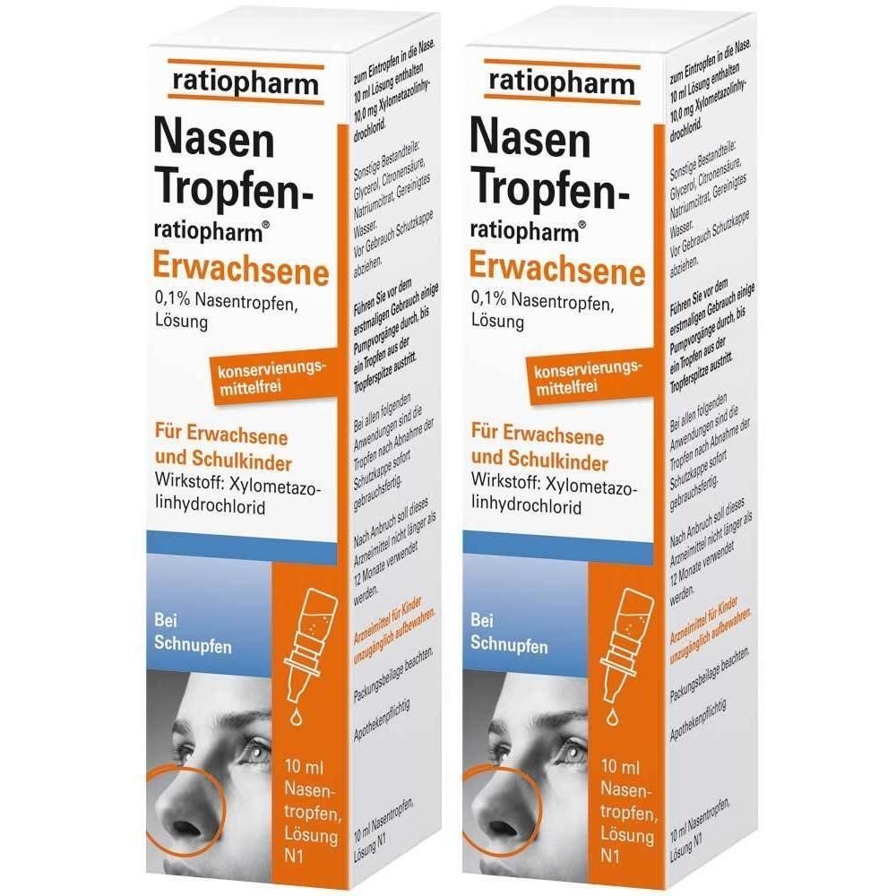 Zwei weiße Faltschachteln mit Produktinformationen. Aufdruck: Nasen Tropfen-ratiopharm® Erwachsene, 0,1% Nasentropfen, Lösung.