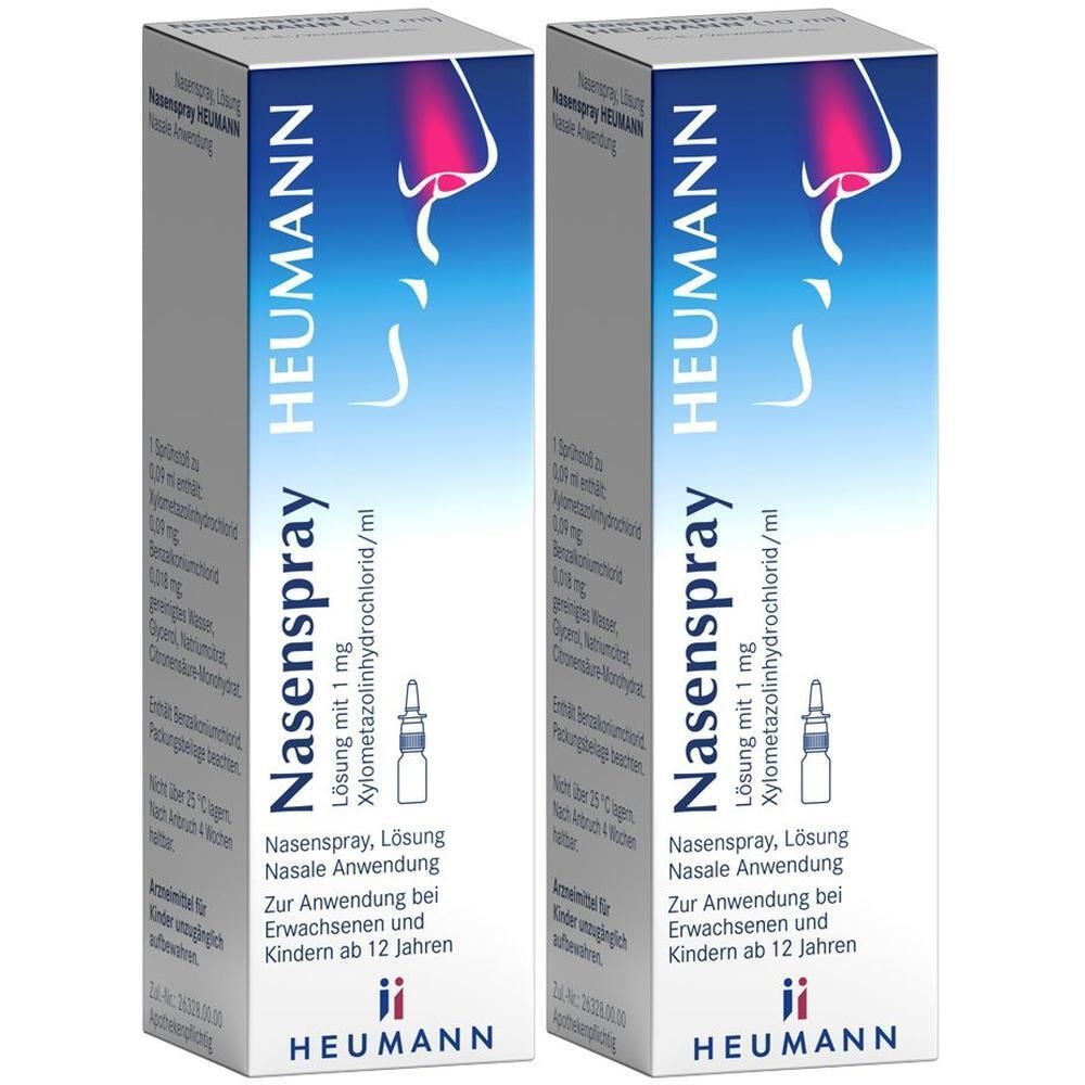 Zwei Schachteln Nasenspray. Aufschrift: Nasenspray HEUMANN, Lösung mit 1 mg Xylometazolinhydrochlorid/ml. Für Erwachsene und Kinder ab 12 Jahren.