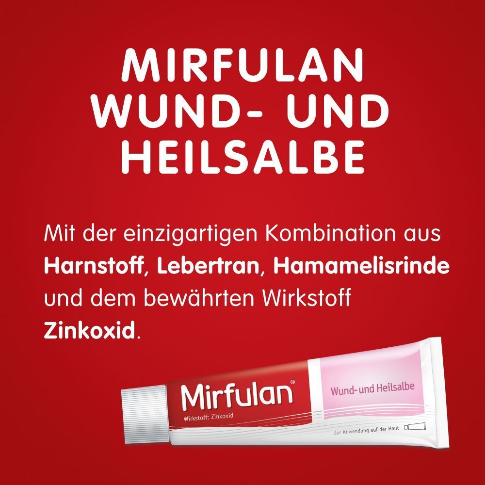 Roter Hintergrund mit Text und Tube Mirfulan Wund- und Heilsalbe. Produktname und Inhaltsstoffe werden genannt.