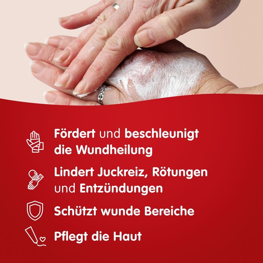 Hände mit Creme. Roter Hintergrund mit Text und Icons. Vorteile von Mirfulan Wund- und Heilsalbe: Wundheilung, Juckreizlinderung, Hautpflege.