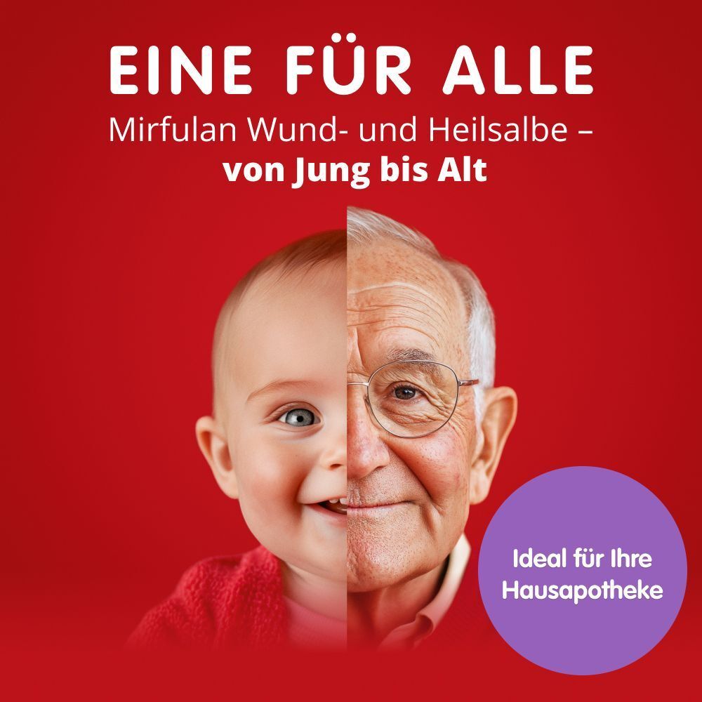 Gesicht eines Babys und eines älteren Mannes. Roter Hintergrund mit Text. Mirfulan Wund- und Heilsalbe für alle Altersgruppen.