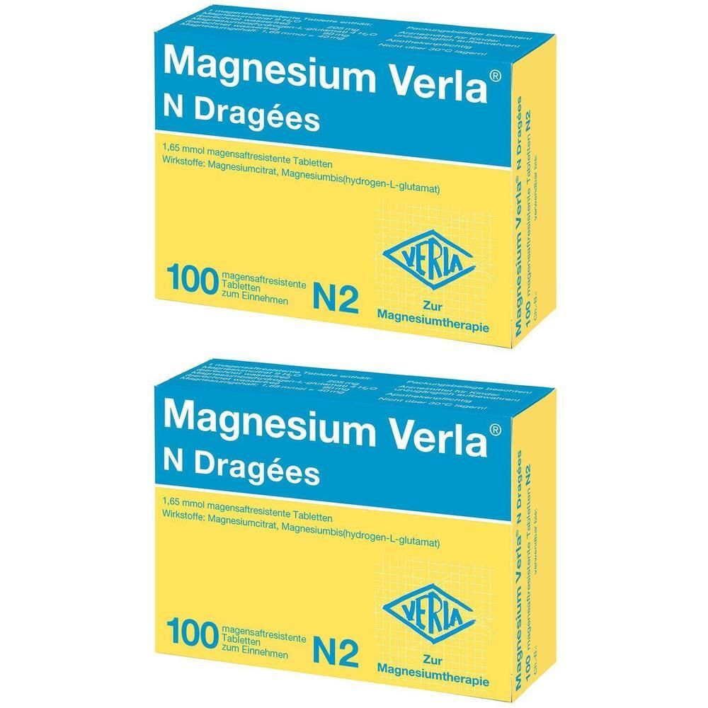 Zwei Schachteln Magnesium Verla N Dragées. Gelbe Schachteln mit blauer Schrift. Aufschrift: 100 Tabletten, N2, Verla Logo.