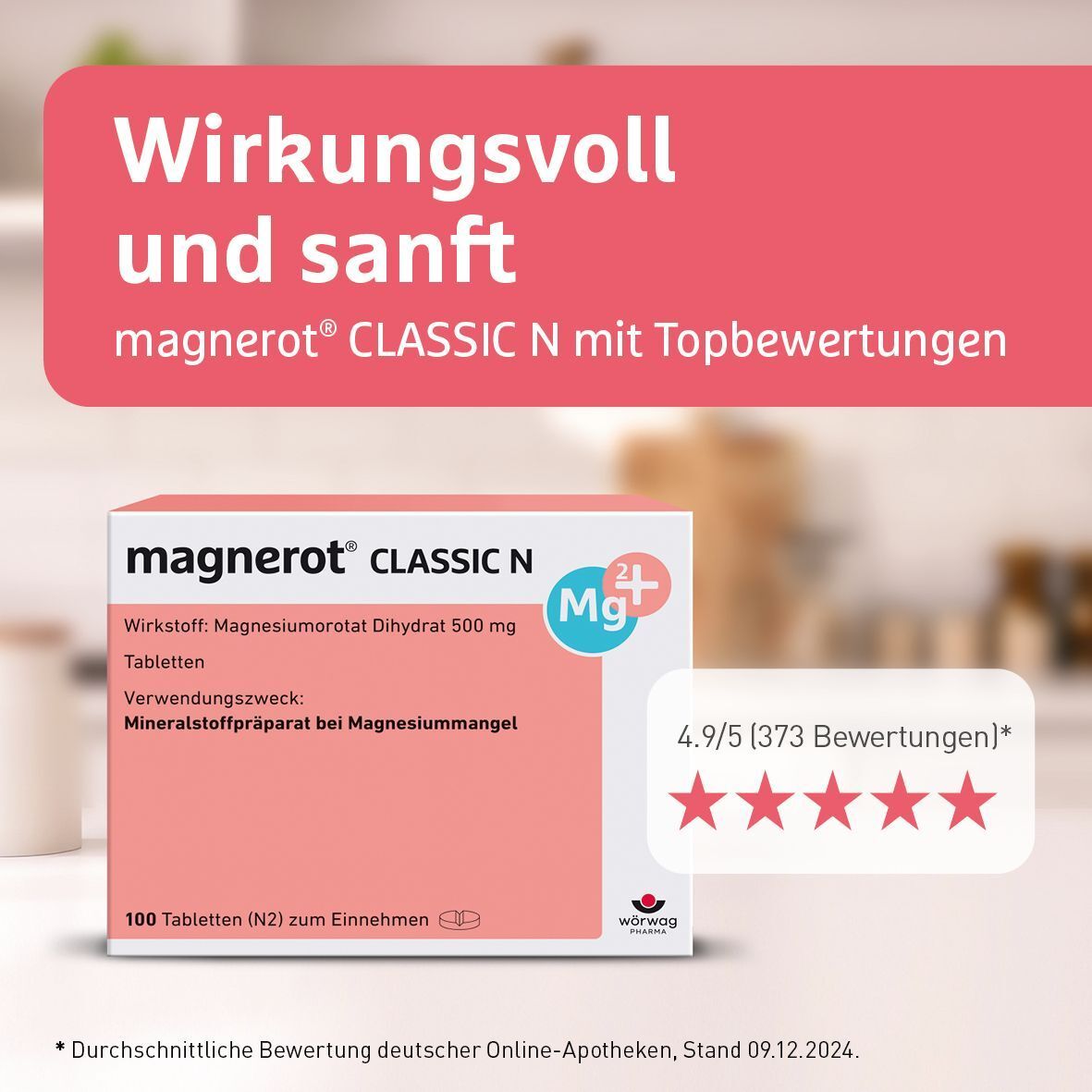 Weiße Tablettenbox mit magnerot® CLASSIC N. Text: Wirkungsvoll und sanft. Bewertung: 4.9/5 Sterne.