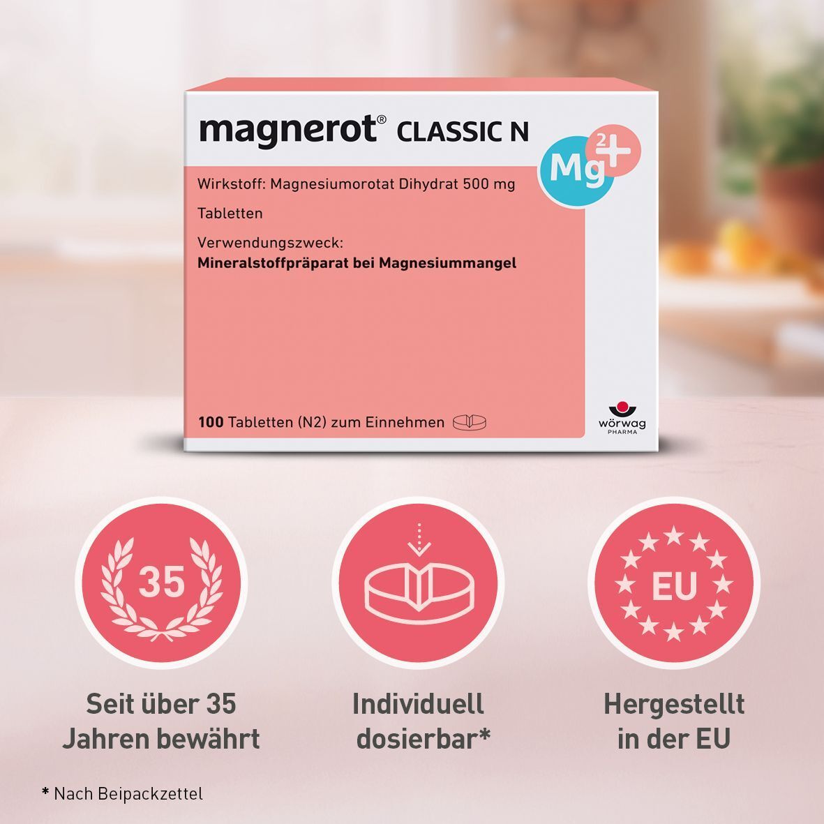 Weiße Tablettenbox mit magnerot® CLASSIC N. Text: Seit über 35 Jahren bewährt. EU-Siegel.