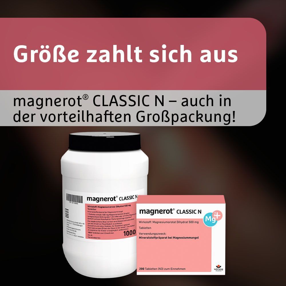Große weiße Flasche und Tablettenbox mit magnerot® CLASSIC N. Text: Größe zahlt sich aus.