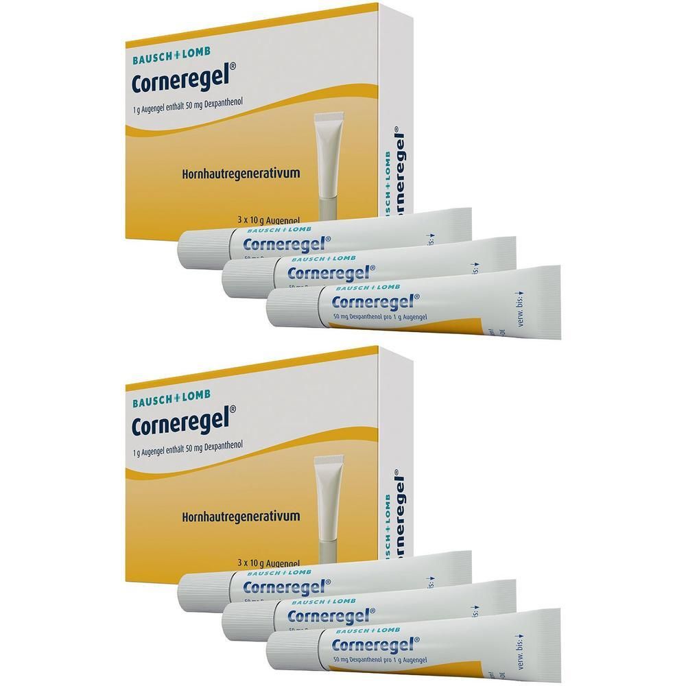 Zwei Kartons und Tuben. Auf den Kartons steht "Corneregel". Die Tuben sind weiß mit blauer Schrift. Auf jeder Tube steht "Corneregel".
