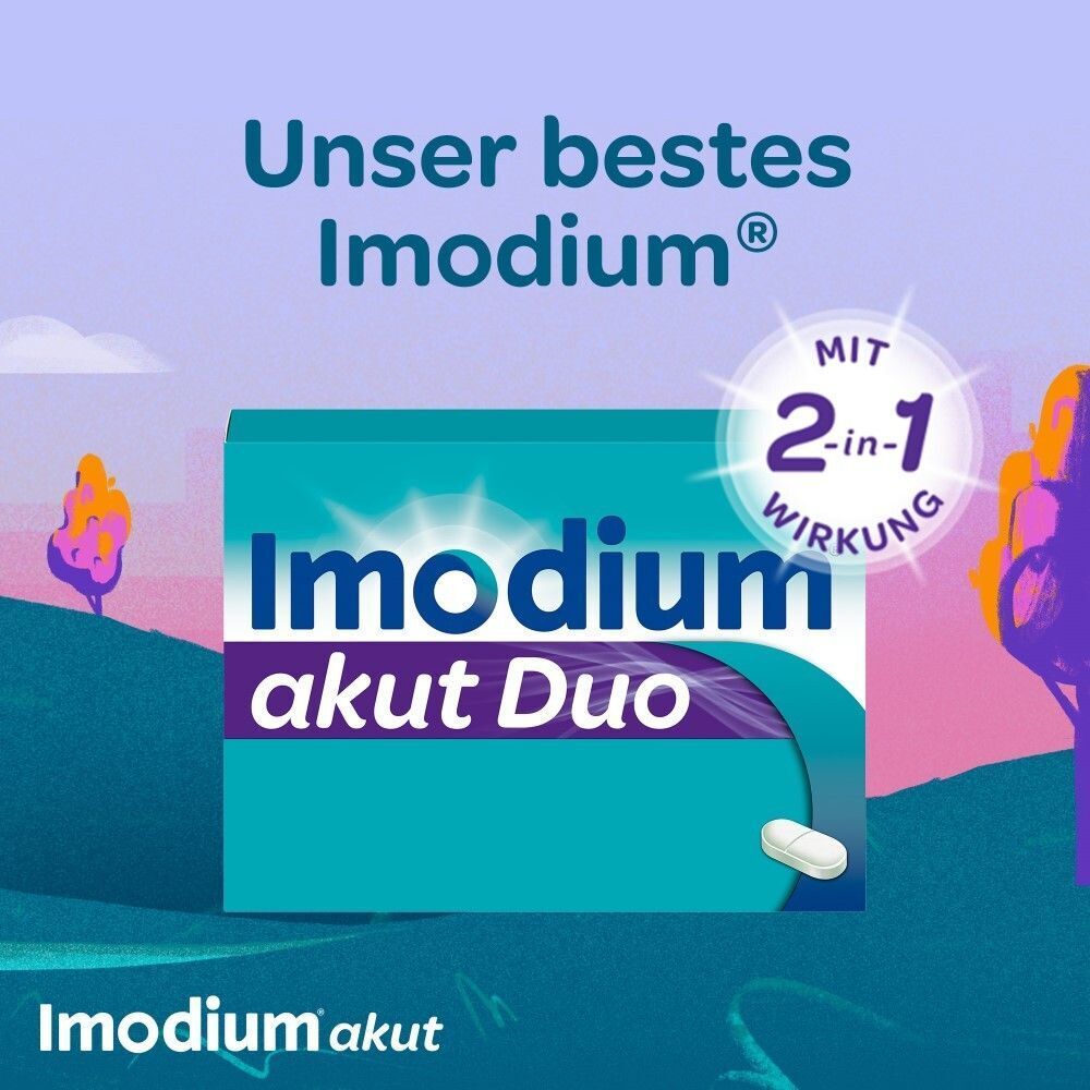 Imodium akut Duo-Packung. Text: Unser bestes Imodium. Mit 2-in-1 Wirkung. Eine Tablette ist abgebildet.