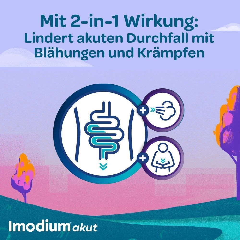 Grafik: Darm mit Pfeilen und Symbolen für Blähungen und Krämpfe. Text: Lindert akuten Durchfall mit Blähungen und Krämpfen.