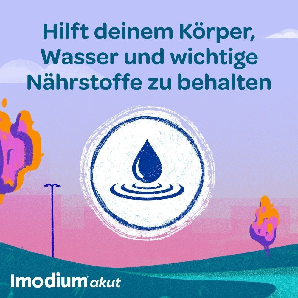 Tropfensymbol. Text: Hilft deinem Körper, Wasser und wichtige Nährstoffe zu behalten. Imodium akut Logo.