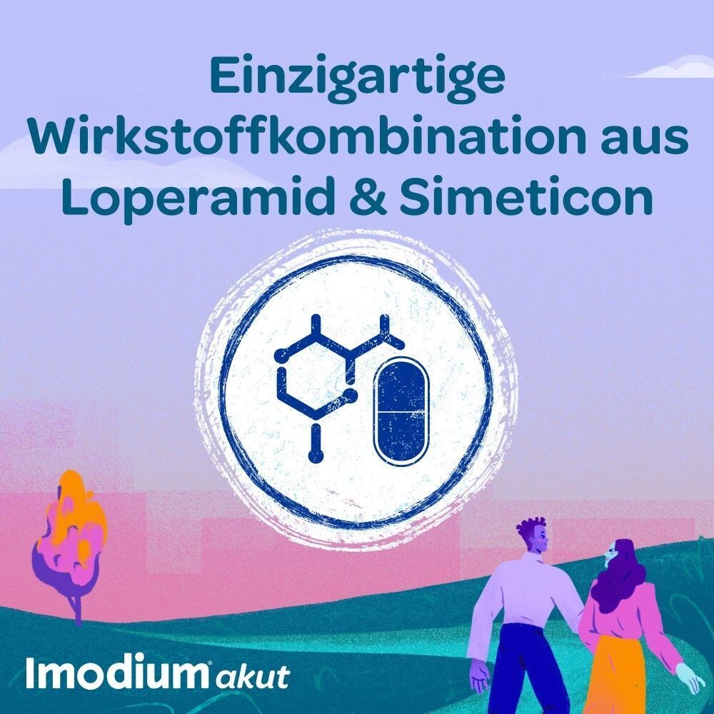 Chemische Struktur und Tablette. Text: Einzigartige Wirkstoffkombination aus Loperamid & Simeticon. Imodium akut Logo.