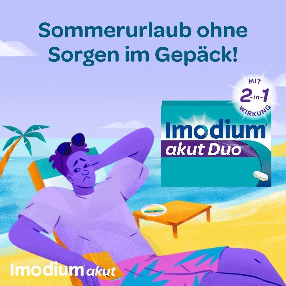 Person am Strand. Text: Sommerurlaub ohne Sorgen im Gepäck! Mit 2-in-1 Wirkung. Imodium akut Duo Packung.
