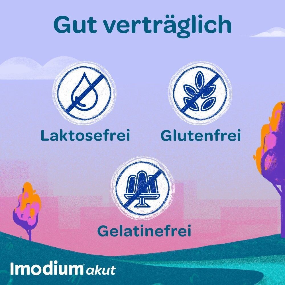 Symbole: Laktosefrei, Glutenfrei, Gelatinefrei. Text: Gut verträglich. Imodium akut Logo.