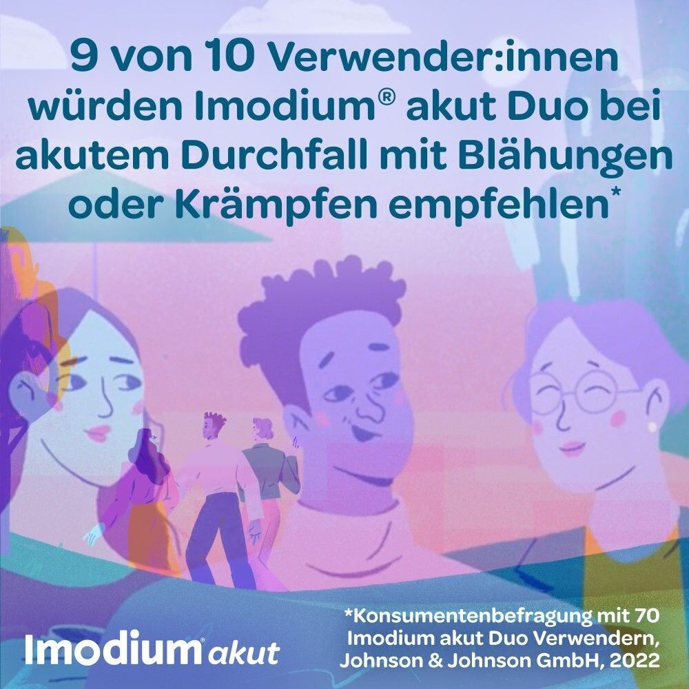 Drei Personen. Text: 9 von 10 würden Imodium akut Duo bei akutem Durchfall mit Blähungen oder Krämpfen empfehlen.